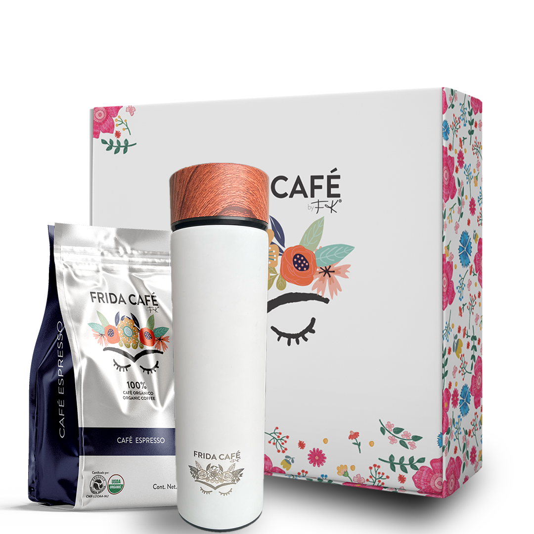 CAJA DELUXE CON BOLSA DE CAFÉ FRIDA 340GR + TERMO