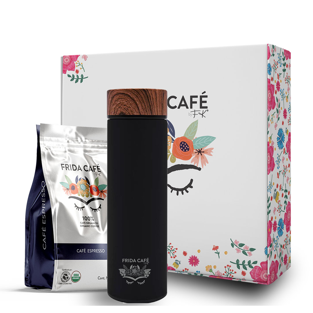 CAJA DELUXE CON BOLSA DE CAFÉ FRIDA 340GR + TERMO