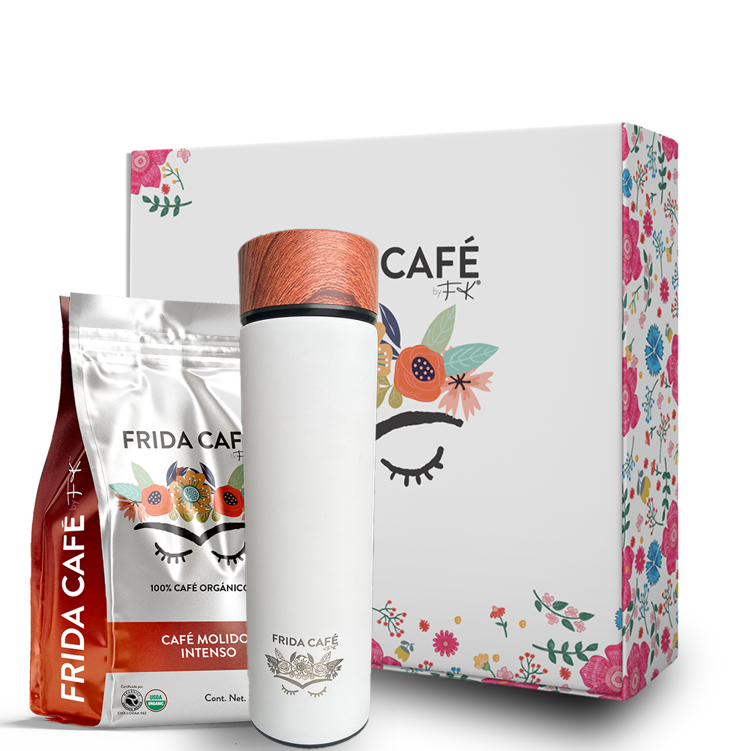 CAJA DELUXE CON BOLSA DE CAFÉ FRIDA 340GR + TERMO