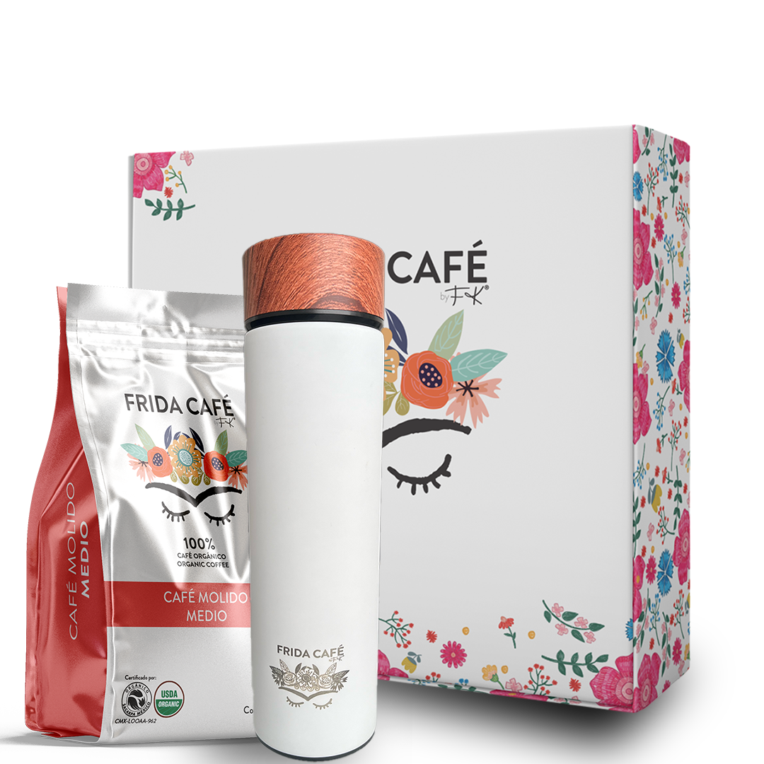 CAJA DELUXE CON BOLSA DE CAFÉ FRIDA 340GR + TERMO