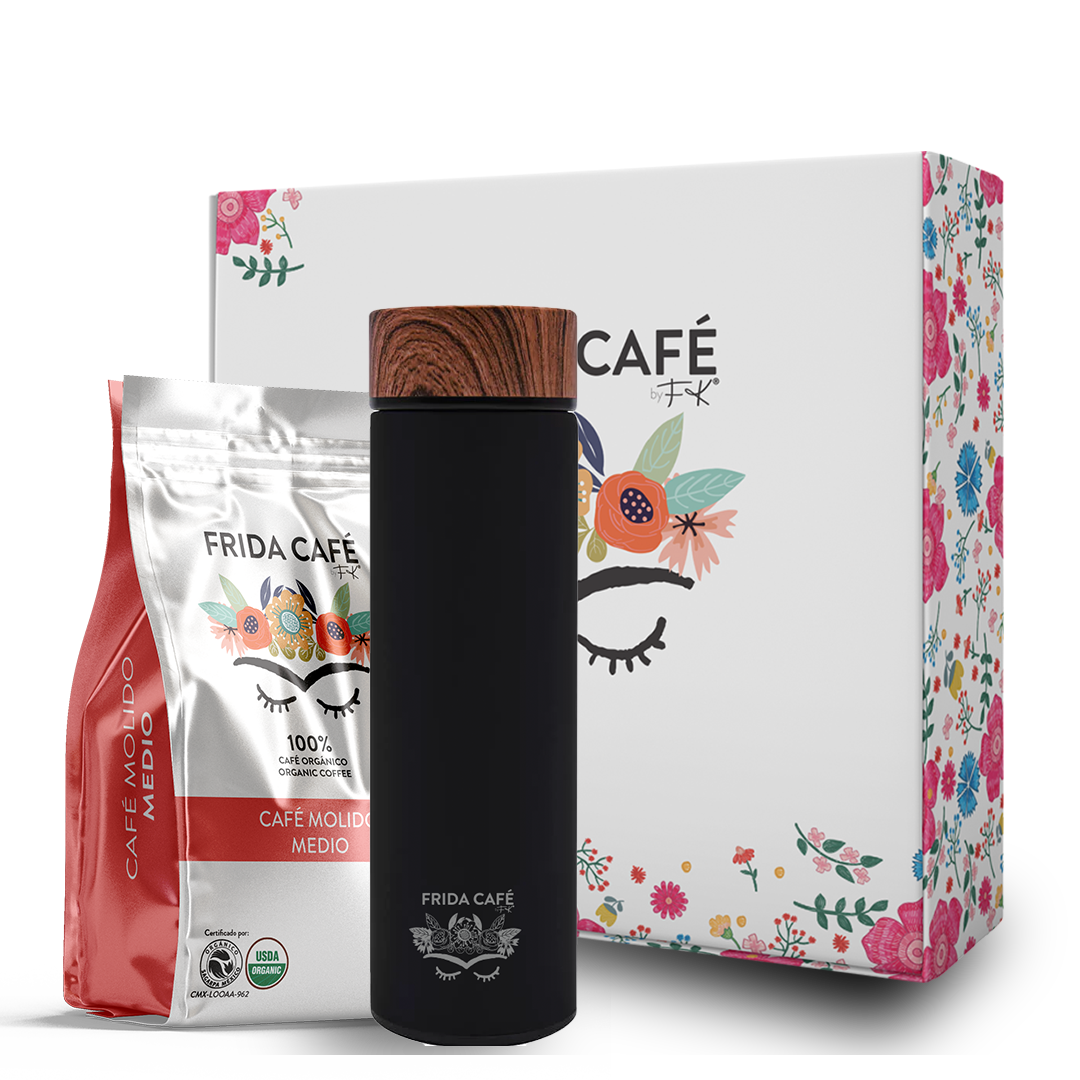 CAJA DELUXE CON BOLSA DE CAFÉ FRIDA 340GR + TERMO